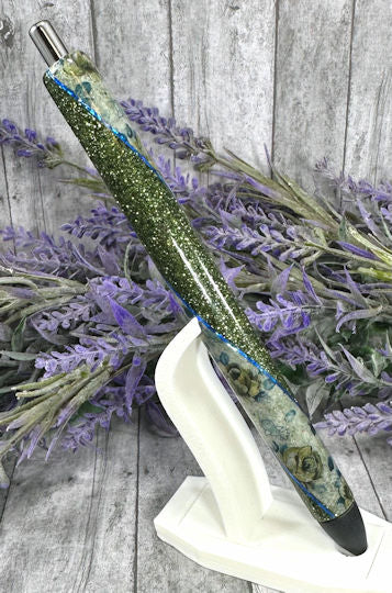 Handmade Green and Blue Flowers Washi Tape glitter pen with free refill