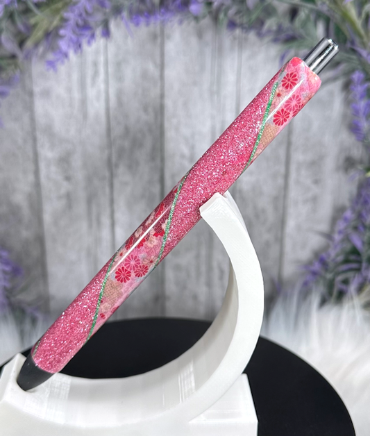 Handmade Pink and Red flowers glitter pen with free refill