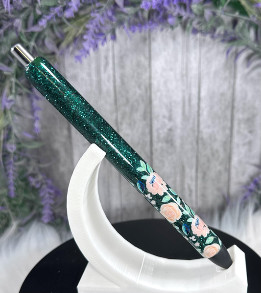 Handmade Flowers on forest green glitter pen with free refill
