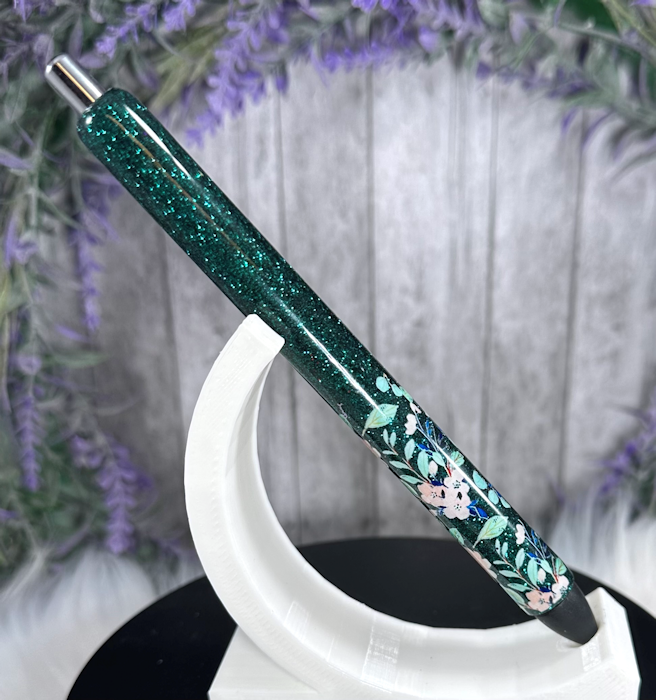 Handmade Flowers on forest green glitter pen with free refill