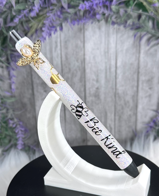 Handmade  Bee Kind on opal glitter pen with free refill
