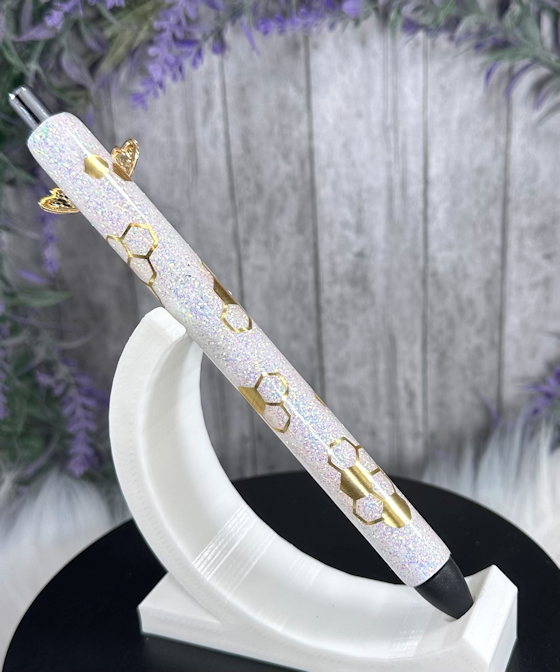 Handmade  Bee Kind on opal glitter pen with free refill