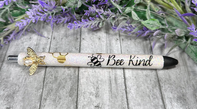 Handmade  Bee Kind on opal glitter pen with free refill