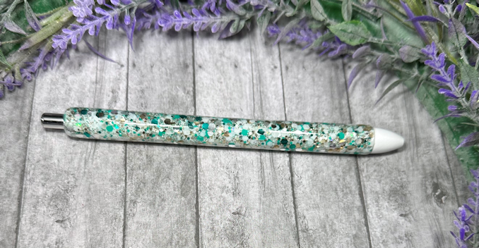 Handmade Turquoise Silver and White glitter pen with free refill