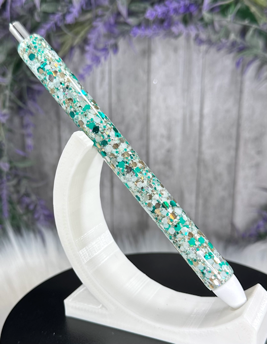 Handmade Turquoise Silver and White glitter pen with free refill