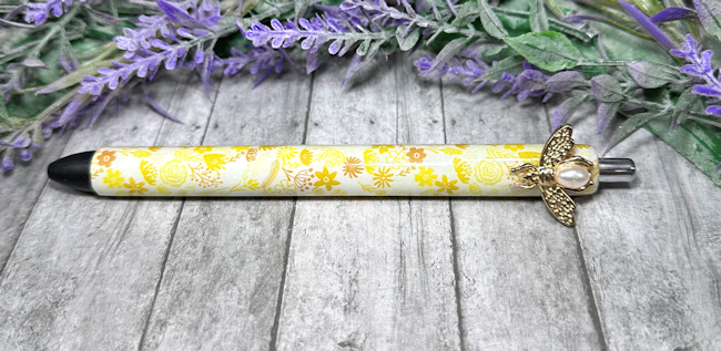 Handmade Bee with yellow flowers glitter pen with free refill