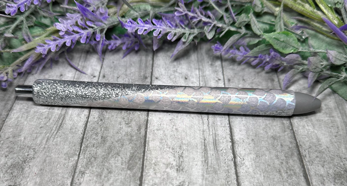 Handmade Mermaid print on silver glitter pen with free refill