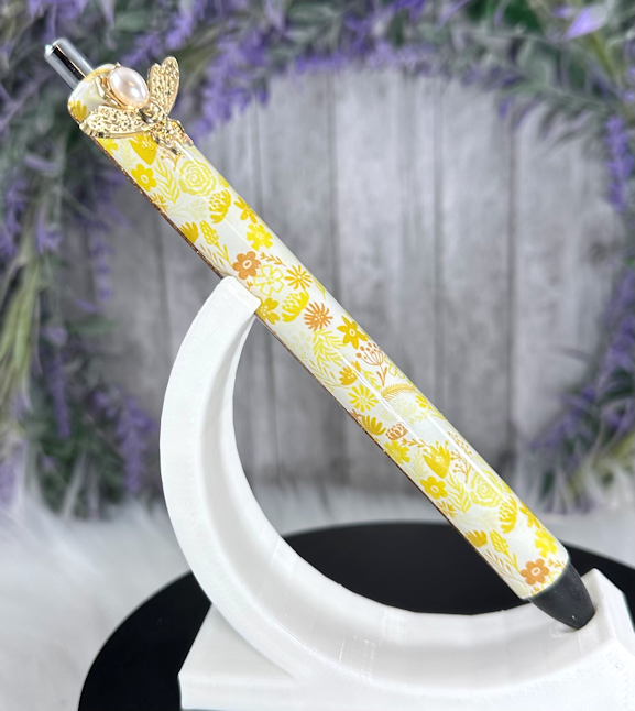 Handmade Bee with yellow flowers glitter pen with free refill