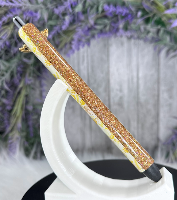 Handmade Bee with yellow flowers glitter pen with free refill