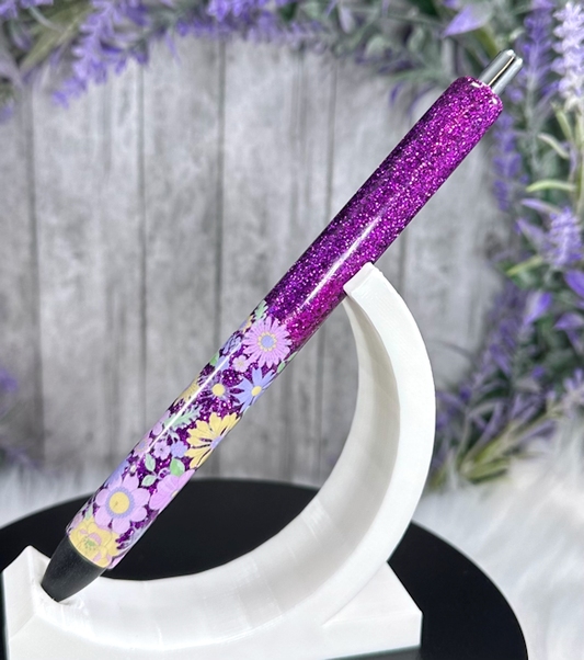 Handmade Dark Magenta with flower ombre glitter pen with free refill