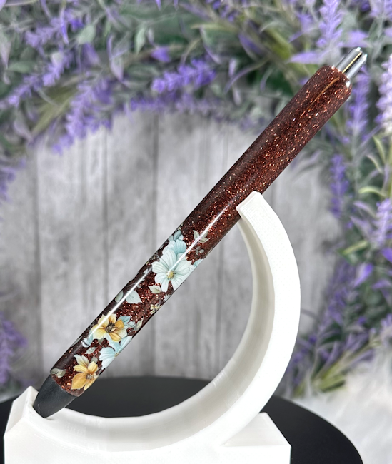 Handmade Brown with flower ombre glitter pen with free refill