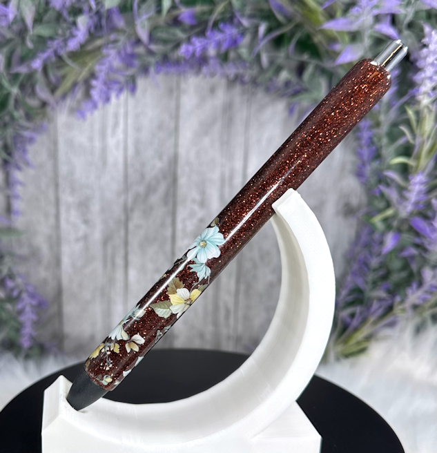 Handmade Brown with flower ombre glitter pen with free refill