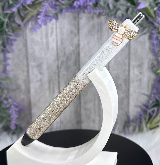 Handmade Ombre Gold and white with pink Bee glitter pen with free refill