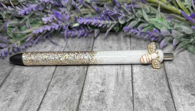 Handmade Ombre Gold and white with pink Bee glitter pen with free refill