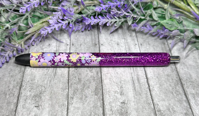 Handmade Dark Magenta with flower ombre glitter pen with free refill