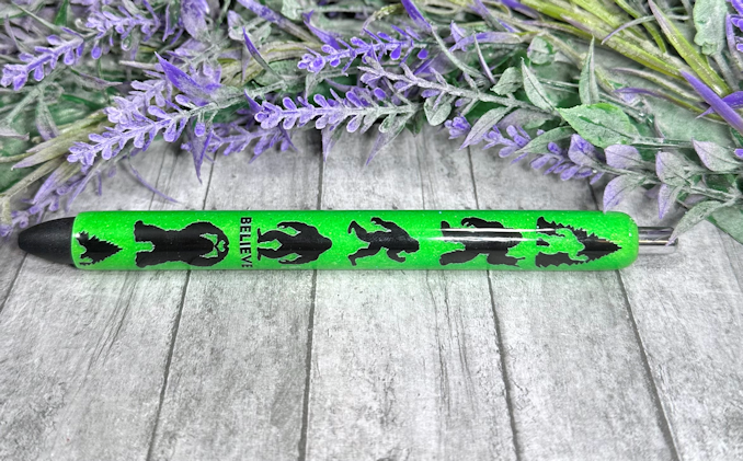 Handmade Bigfoot Sasquatch on green glitter pen with free refill
