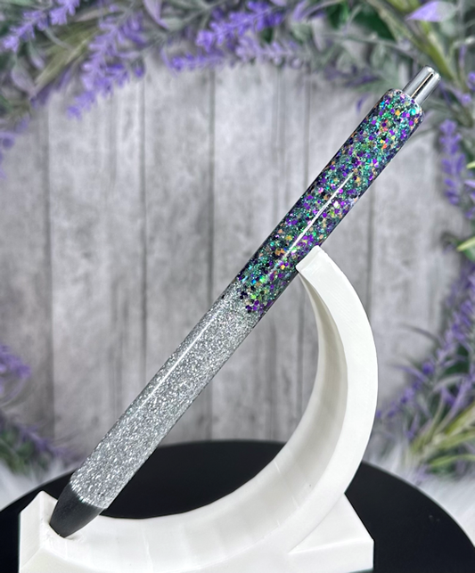Handmade Mardi Gras and Silver Ombre glitter pen with free refill