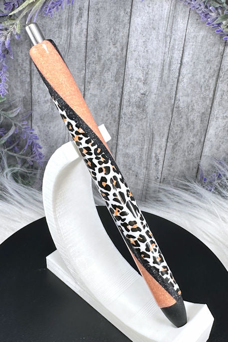 Handmade animal print on peach glitter pen with free refill