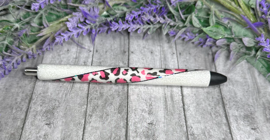 Handmade Pink and Black animal print glitter pen with free refill