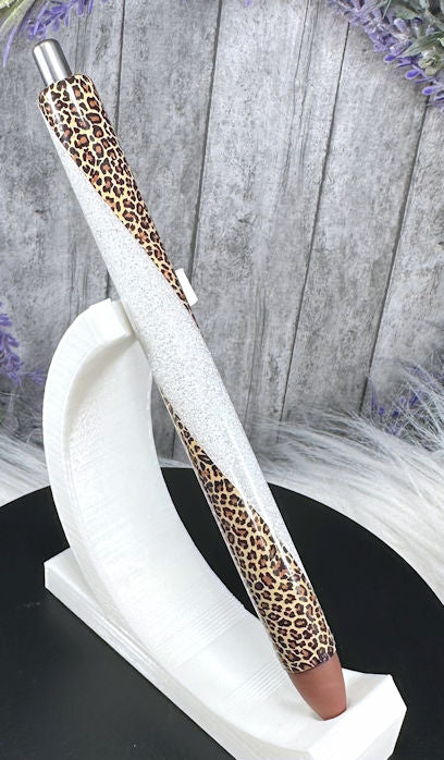 Handmade leopard cougar print on white glitter pen with free refill