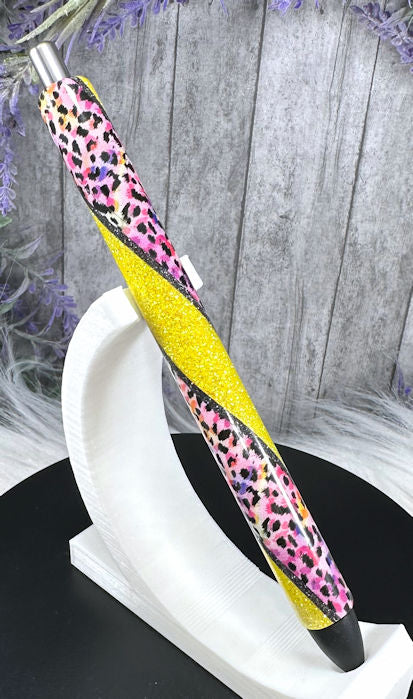 Handmade animal print on yellow glitter pen with free refill