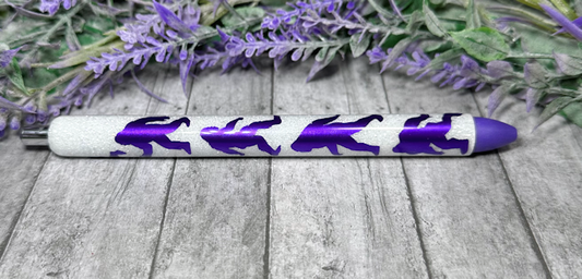 Handmade Purple Bigfoot Sasquatch on white glitter pen with free refill