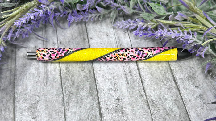 Handmade animal print on yellow glitter pen with free refill