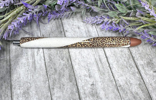 Handmade leopard cougar print on white glitter pen with free refill