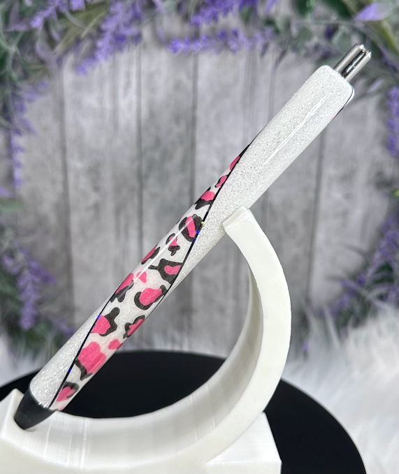Handmade Pink and Black animal print glitter pen with free refill