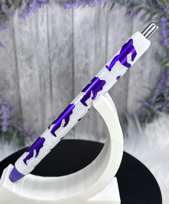 Handmade Purple Bigfoot Sasquatch on white glitter pen with free refill