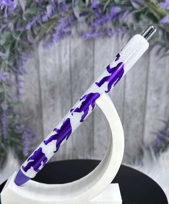 Handmade Purple Bigfoot Sasquatch on white glitter pen with free refill