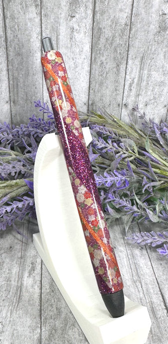 Handmade Burgundy and Orange flowers  Washi Tape glitter pen with free refill