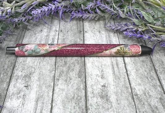 Handmade Pink Gold and Green Flowers Washi Tape glitter pen with free refill