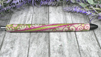 Handmade Pink and Green Paisley glitter pen with free refill