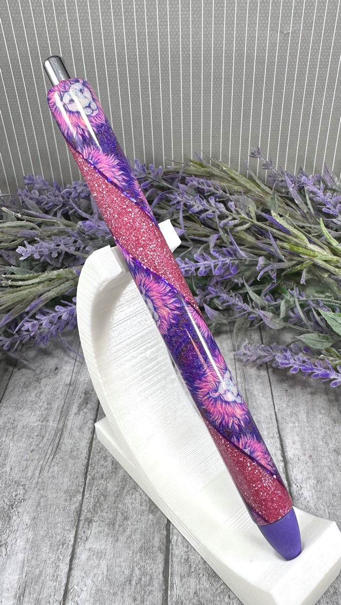 Handmade Pink and Purple Lion glitter pen with free refill