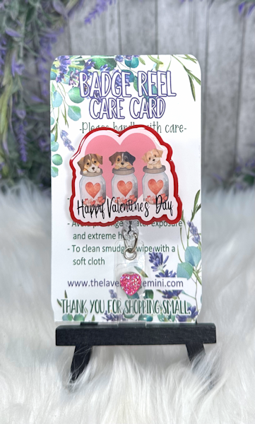 Handmade Valentine Puppies Badge Reel