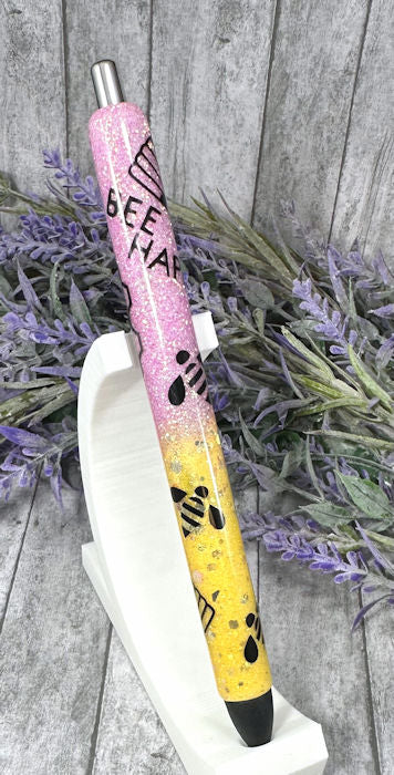 Handmade Pink and Yellow Bees glitter pen with free refill