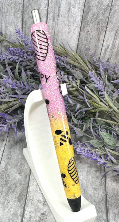 Handmade Pink and Yellow Bees glitter pen with free refill