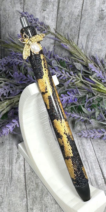 Handmade Pearl bee gold honeycomb on black glitter pen  with free refill