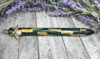 Handmade Pearl bee gold honeycomb on green glitter pen  with free refill