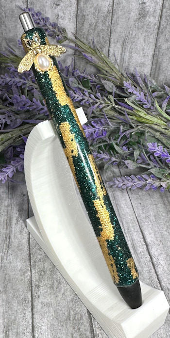 Handmade Pearl bee gold honeycomb on green glitter pen  with free refill