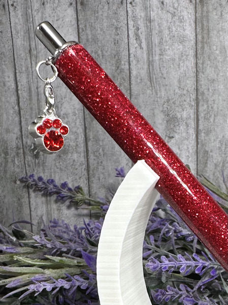 Handmade Red Dog Paw dangle charm on red glitter pen with free refill