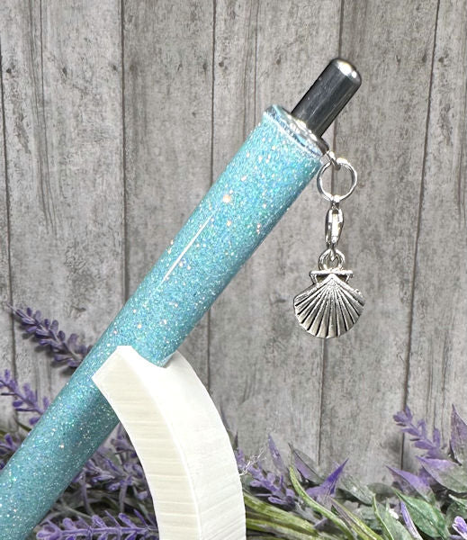 Handmade Seashell dangle charm on aqua glitter pen with free refill