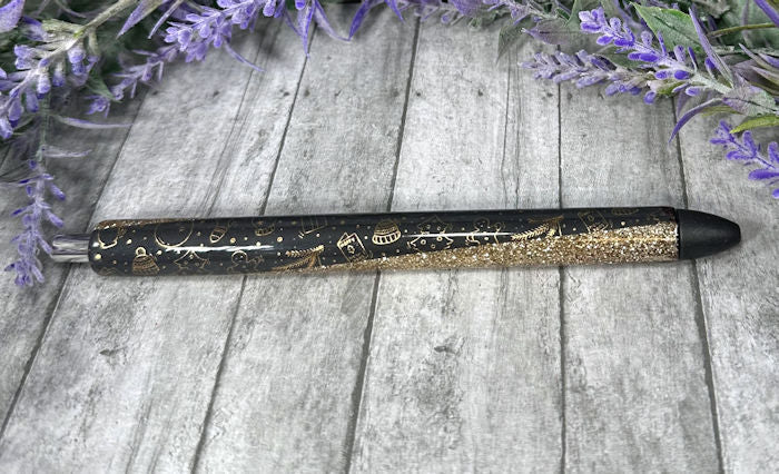 Handmade Black and Gold Christmas glitter pen with free refill