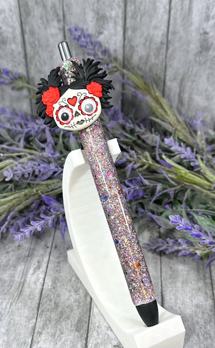 Handmade Halloween Day of the Dead glitter pen  with free refill