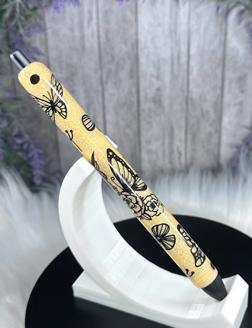 Handmade Butterflies on Yellow glitter pen with free refill