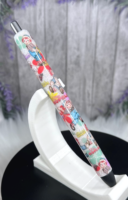 Handmade Raggedy Ann and Andy glitter pen with free refill