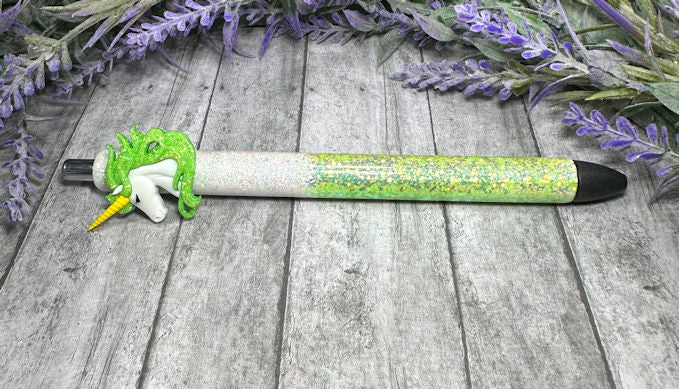 Handmade White and Green Unicorn glitter pen  with free refill