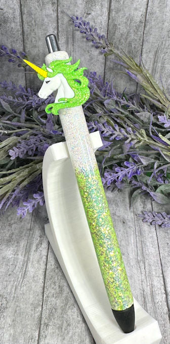 Handmade White and Green Unicorn glitter pen  with free refill