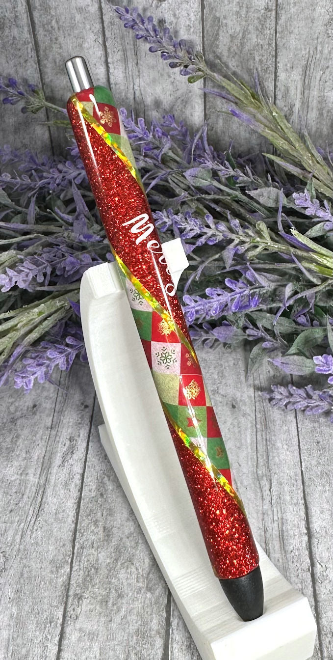 Handmade Merry Christmas Plaid  glitter pen with free refill